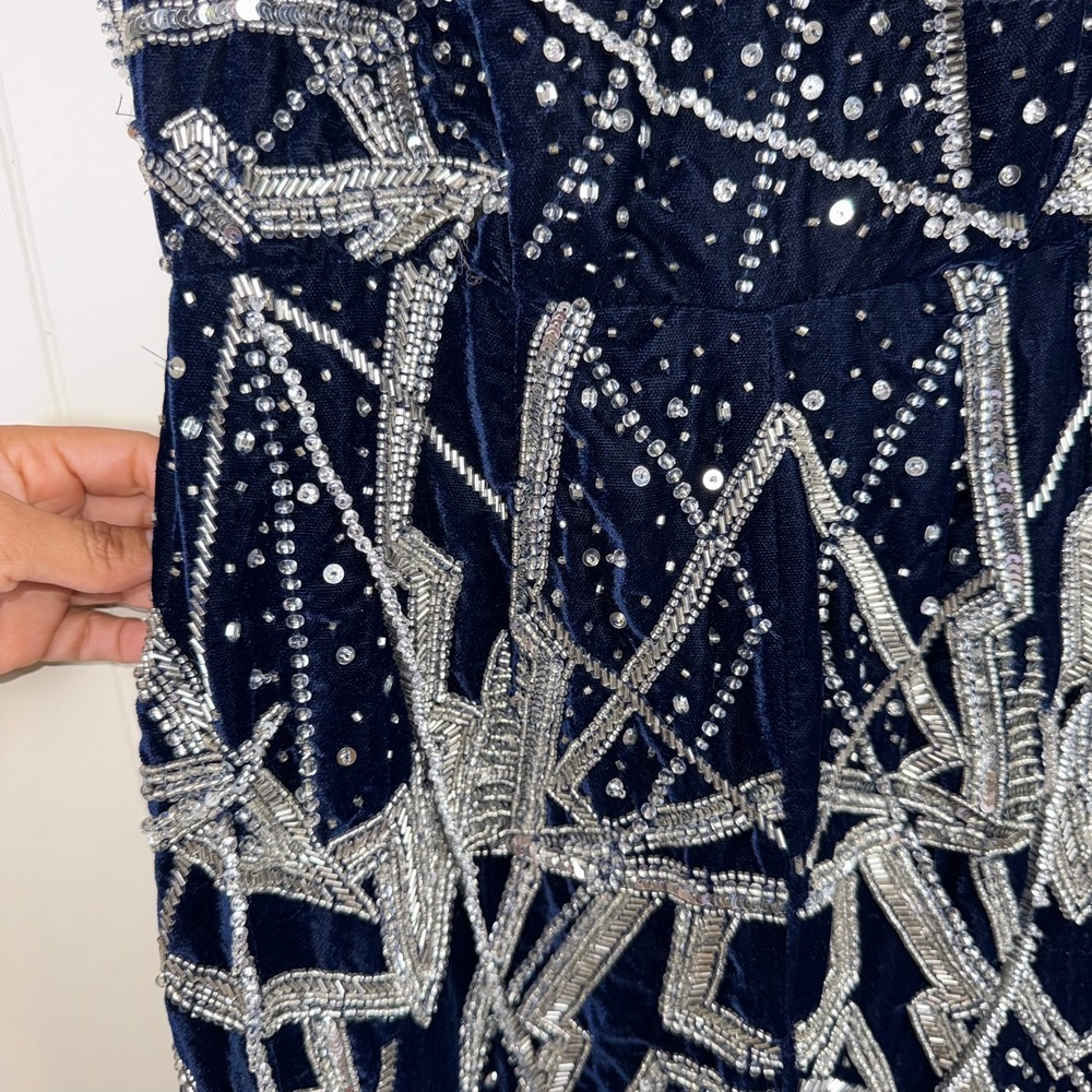 ASOS Navy Blue Velvet Sequin Geometric Print Spaghetti Strap Jumpsuit - Picture 4 of 16